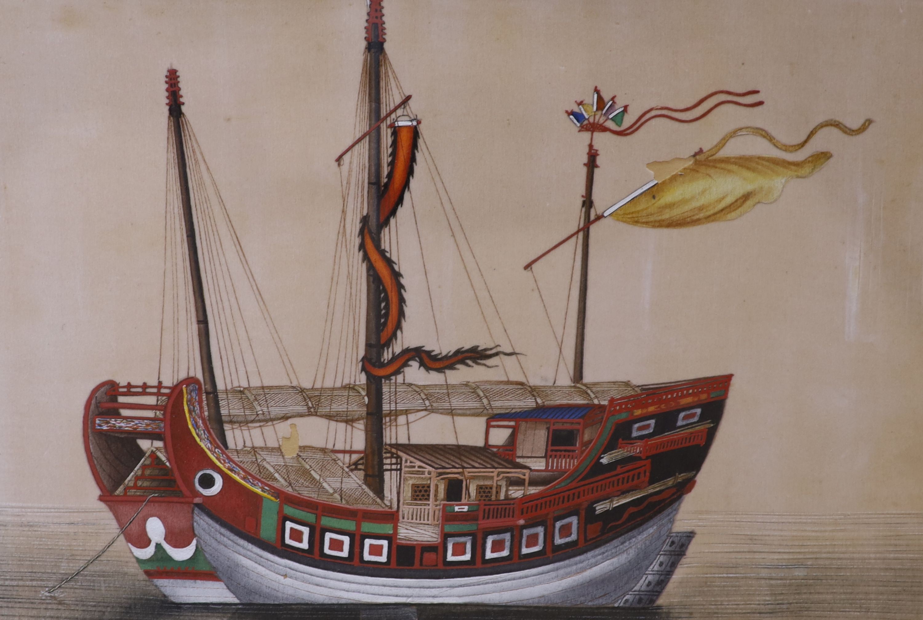 A set of four 19th century Chinese pith paper paintings of junk boats, each 18.5 x 27 cm